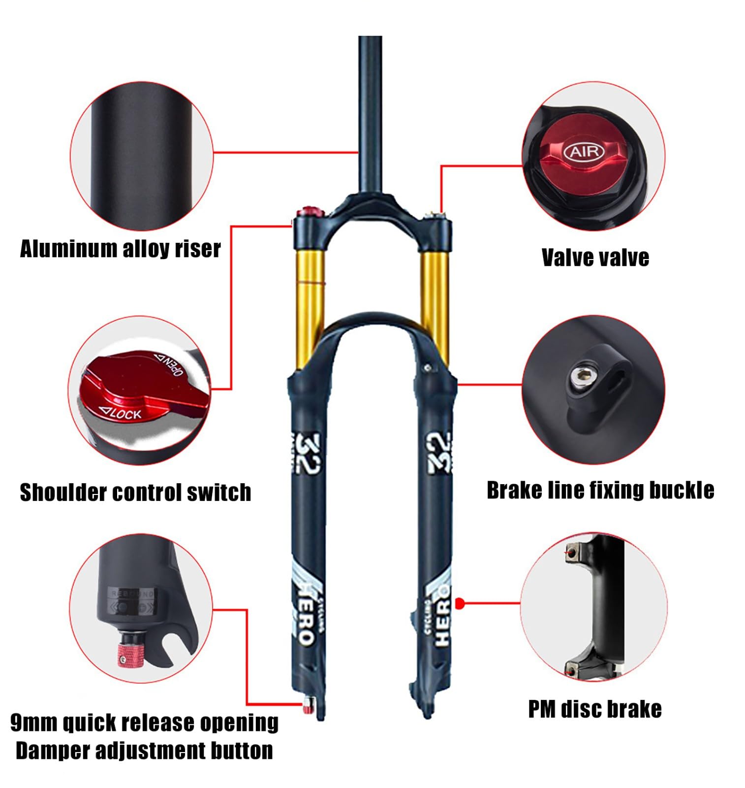 Fourche Avant de vélo, Amortisseur à air 26/27,5/29 Pouces, Alliage de magnésium, débattement de 120 mm, réglage du Rebond, Noir Mat, Tube doré (Non Inclus), 29 Pouces
