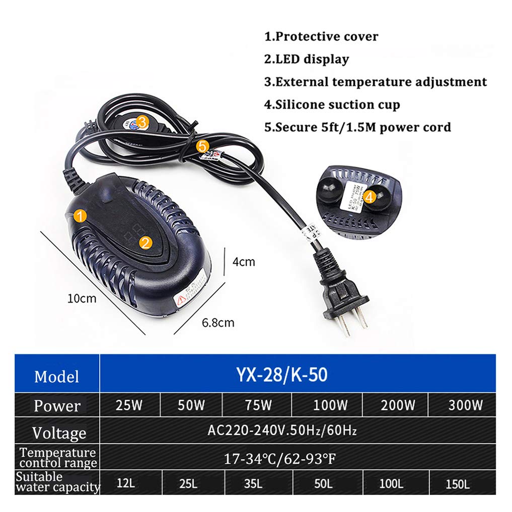 25W 50W 100W 300W, Petit réchauffeur d'aquarium Submersible, réchauffeur de Mini Aquarium avec Bandes de température, écran à LED Visible et contrôleur Externe