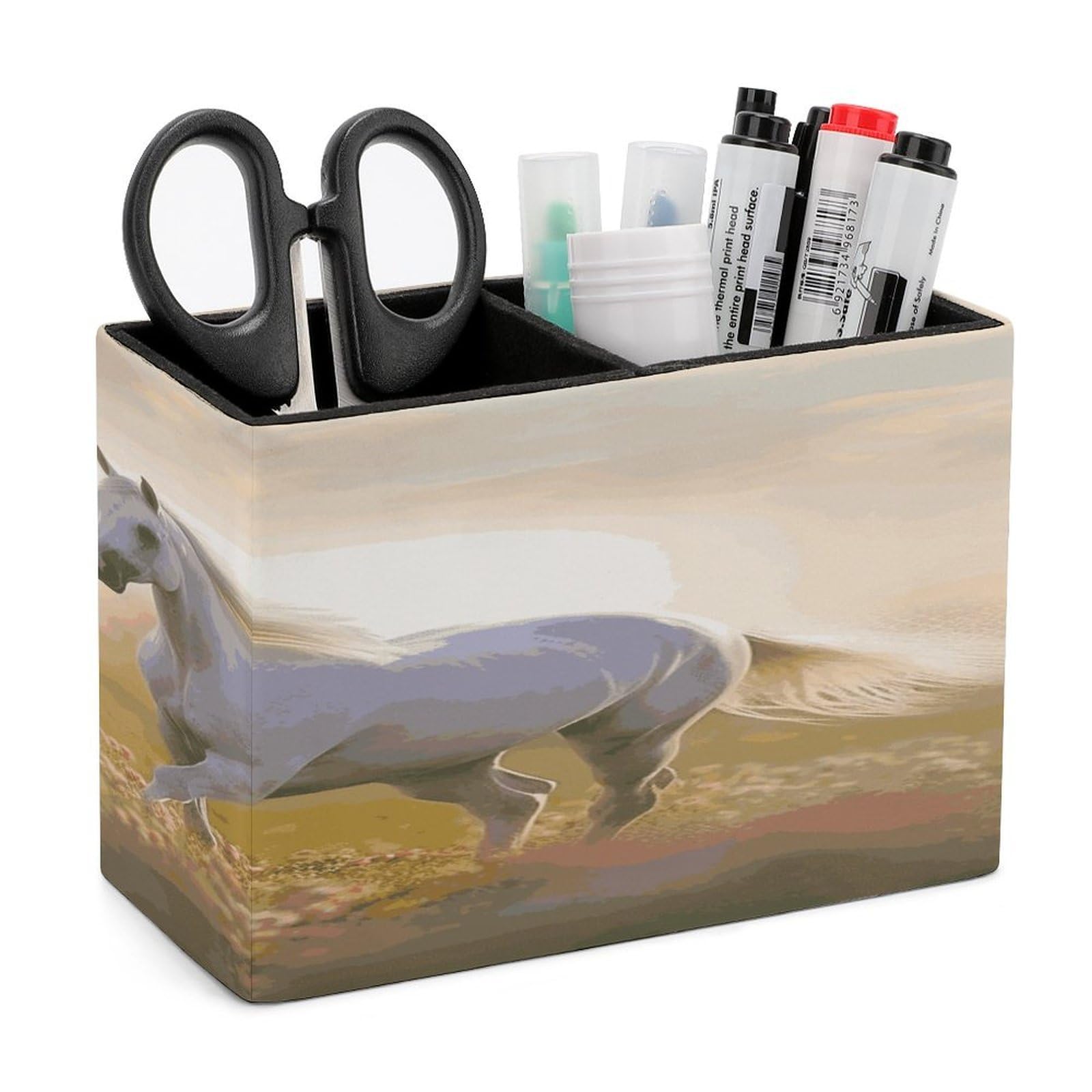 FekiLoot White Horse Running in The Field Pen Holders for Desk Small Remote Control Holder Leather Pencil Cup with Double Compartments Desktop Organizer for Table Desk Office Space Saving
