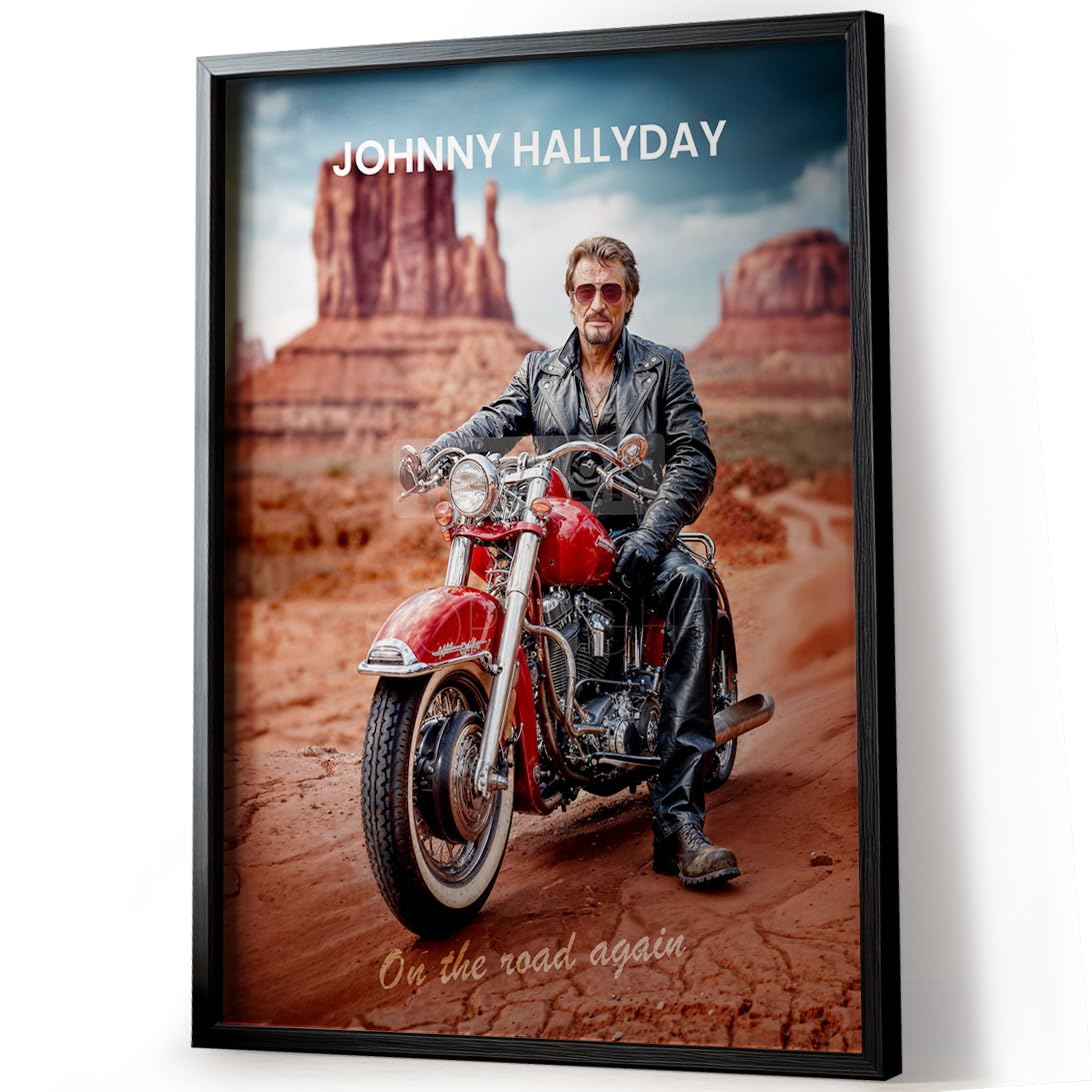 Johnny Hallyday On The Road Again (cornice non fornita) - Quadro digitale Star cantante Rock - Poster Moto Route 66 (60 x 80 cm / 24 x 32 in)