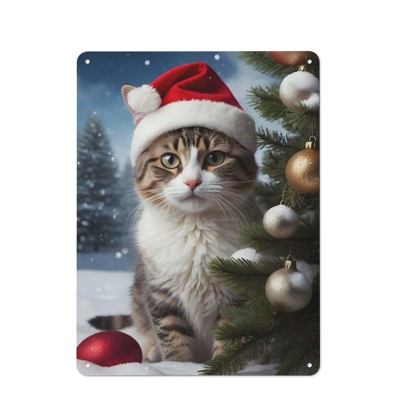 Junmoney Cat Santa Hat Xmas Creative Office Metal Sign 40X30cm, Office Wall Decor For Hobby Room, Office, Lounge Or Living Room