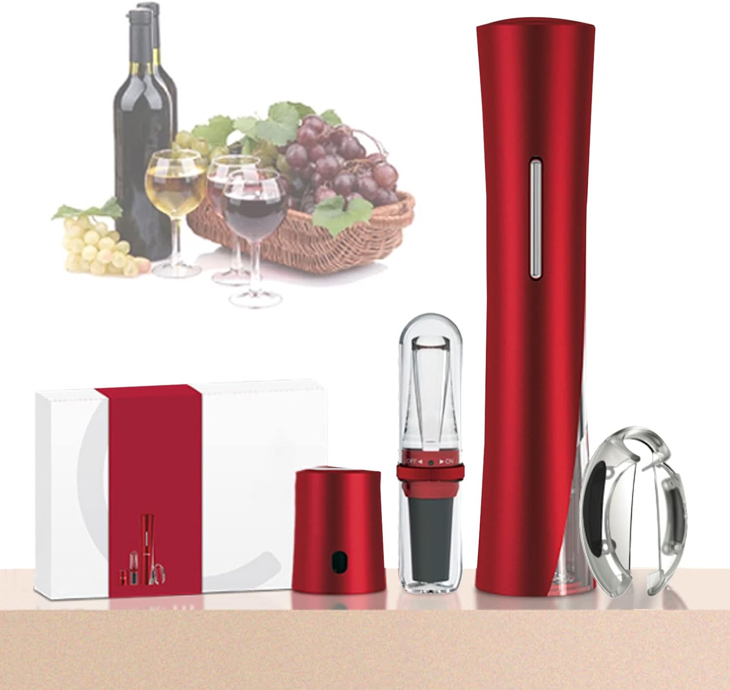 4-in-1 Electric Wine Bottle Opener Set, Rechargeable Automatic Cordless Wine Corkscrew, Wine Bottle Opener with Foil Cutter, Wine Pourer, Gift for Party Anniversary Wine Lovers,Red