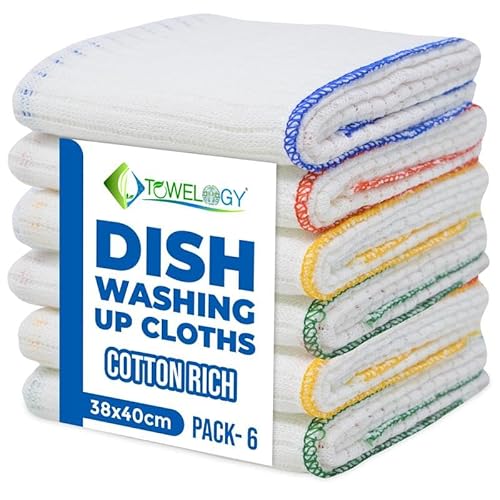 Towelogy TDC_80 Cotton Dish Cloths Stain-Resistant XL 38x40cm Kitchen Dish Towels for Washing Dishes & Cleaning Countertops - 6 Packs (White/Color Coded)