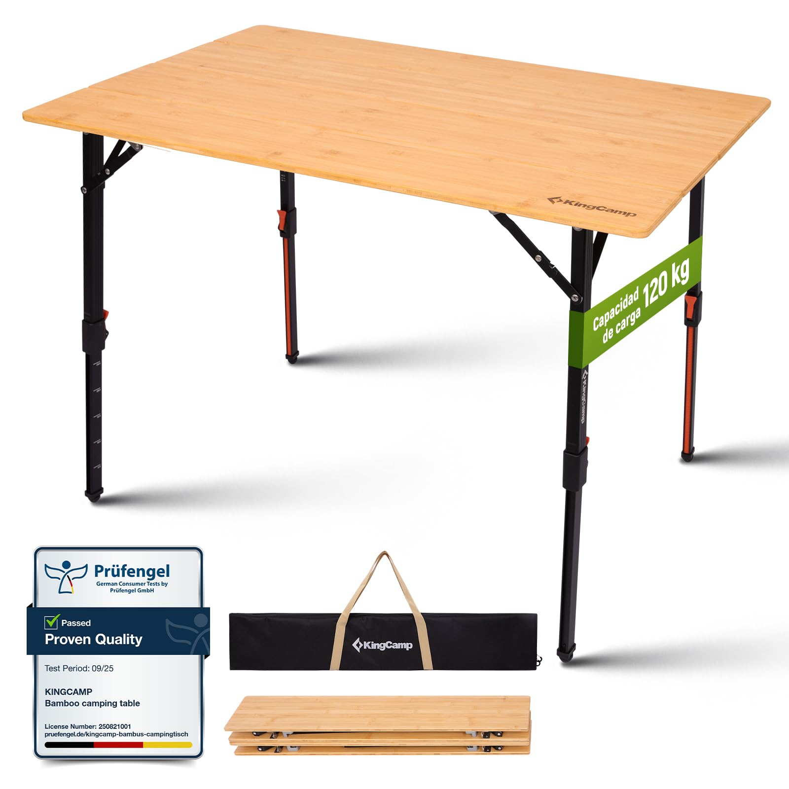 KingCamp Mesa de Camping Plegable de bambú Natural, Altura Ajustable (42-70 cm), Capacidad de Carga de 120 kg, Plegable Resistente para Camping, jardín y Picnic