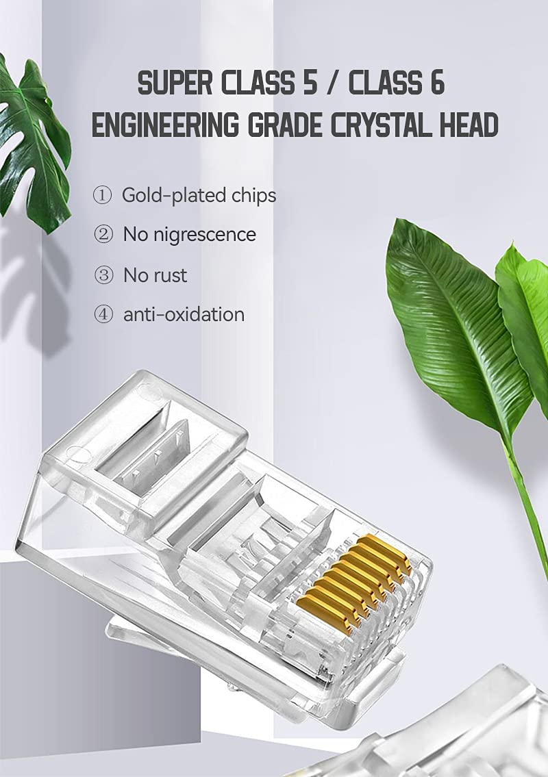 Hanutech Gold Plated Pass Through Copper Pin RJ45 Connectors 8 pin rj45 Connector UTP FTP Modular CAT5E CAT6 Connector 50U 8P8C Network Plug unshielded rj45 Crystal Plug (Pack of 100 Connectors) 4