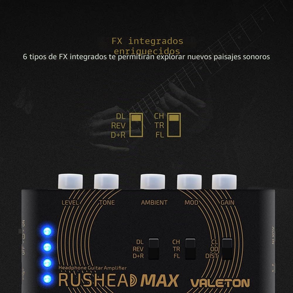 Valeton Rushead Max Amplificador portatil de bolsillo para auriculares con carga USB, ideal para dormitorio con multiefectos incluido