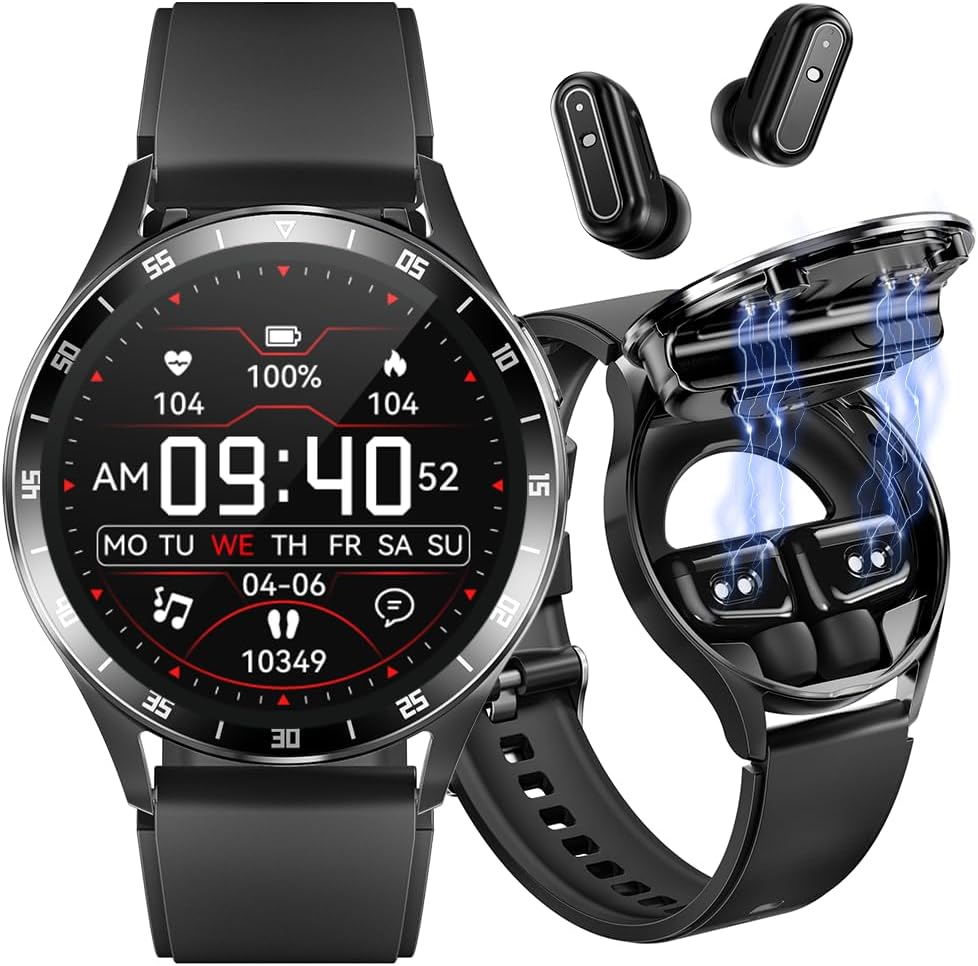 Smart Watch with Earbuds, 1.32 Inch Round Fitness Watch X10, 2 in 1 Bluetooth Watch with Step, Calories, Sleep Monitor, Heart Rate Blood Pressure Monitor for iOS & Android