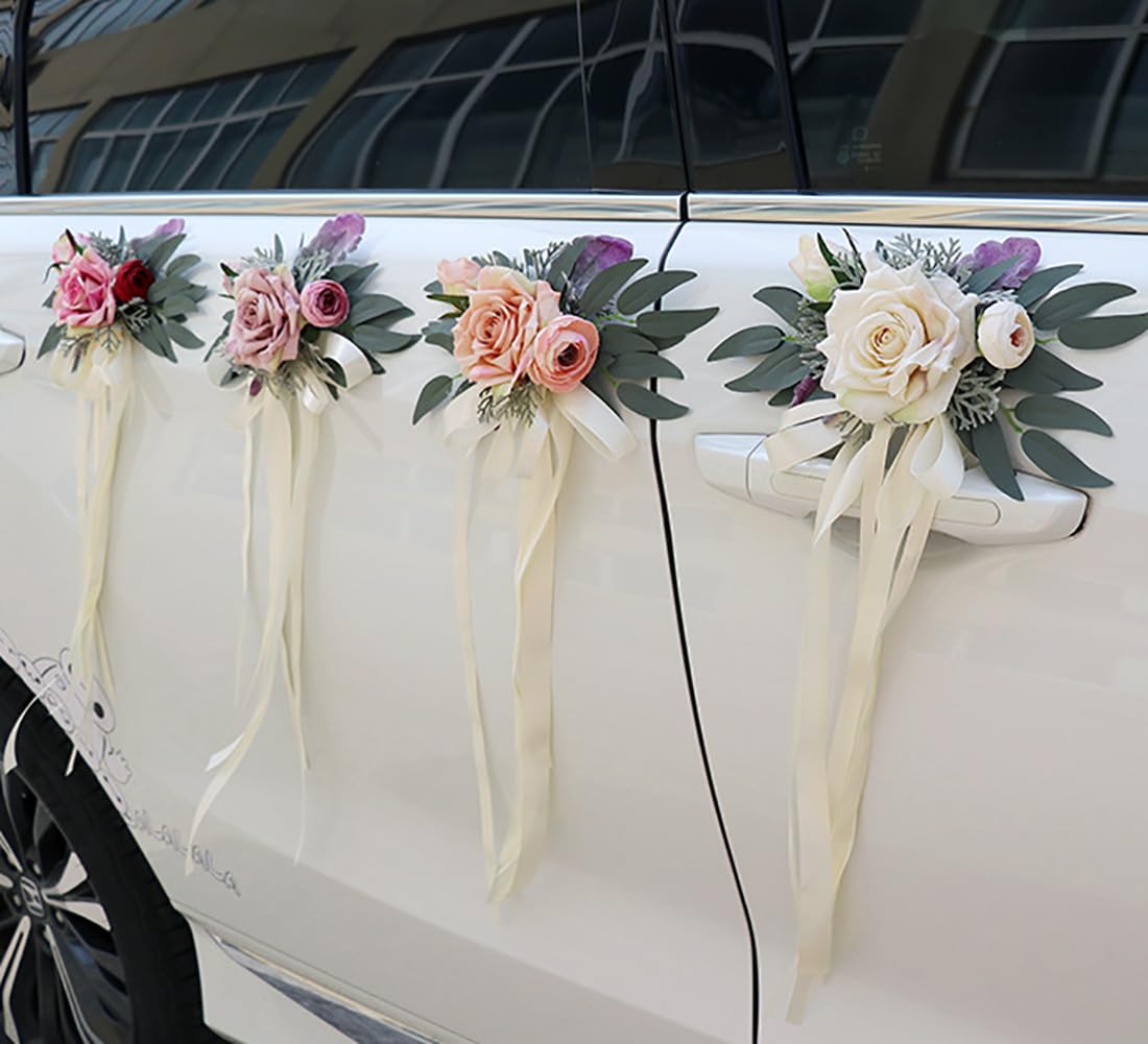 Autoschleifen Seidenblume Simulation Blume Schleife Autoschmuck Auto Car Türgriffleiste Rückspiegel Hochzeit Stuhl Zurück Dekoration Blumen für Kirche Hochzeitsauto Hochzeit Beerdigung Party Deko