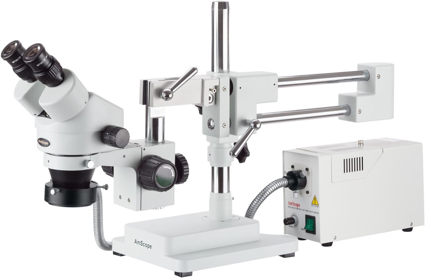 SM-4BZ-FOR Professional Binocular Stereo Zoom Microscope, WH10x Eyepieces, 3.5X-90X Magnification, 0.7X-4.5X Zoom Objective, Fiber-Optic Ring Light, Double-Arm Boom Stand, 110V-120V, Includes 0.5x and 2.0x Barlow Lenses