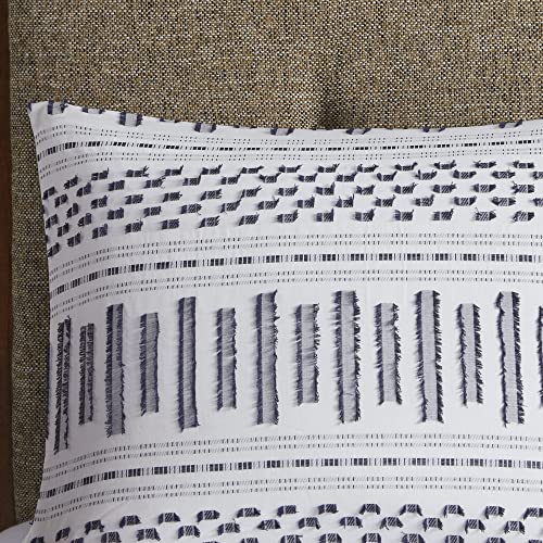 Image of INK+IVY Luxurious Cotton-Bedding Set - Mid Century Trendy Geometric Design, All Season Cozy-Cover With Matching-Shams, Full /Queen, Rhea Jacquard White /Navy