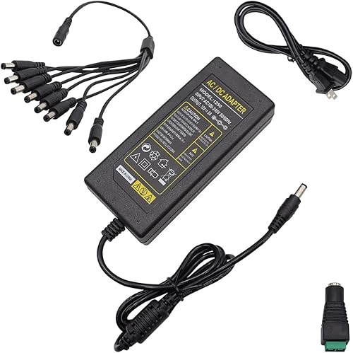 mxuteuk 2 clavijas AC 100-240V a DC 12V 5A Cámara de seguridad Adaptador de corriente Cable divisor de alimentación de 8 vías con conector hembra