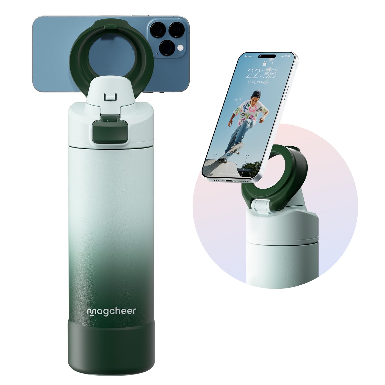 Magcheer 710ml Water Bottle with Magnetic Phone Holder | Insulated Gym Bottle Magnet | Adjustable Angle Tripod | Keep Cold 18h | Ideal for Travel & Fitness Selfie(Sage Green)