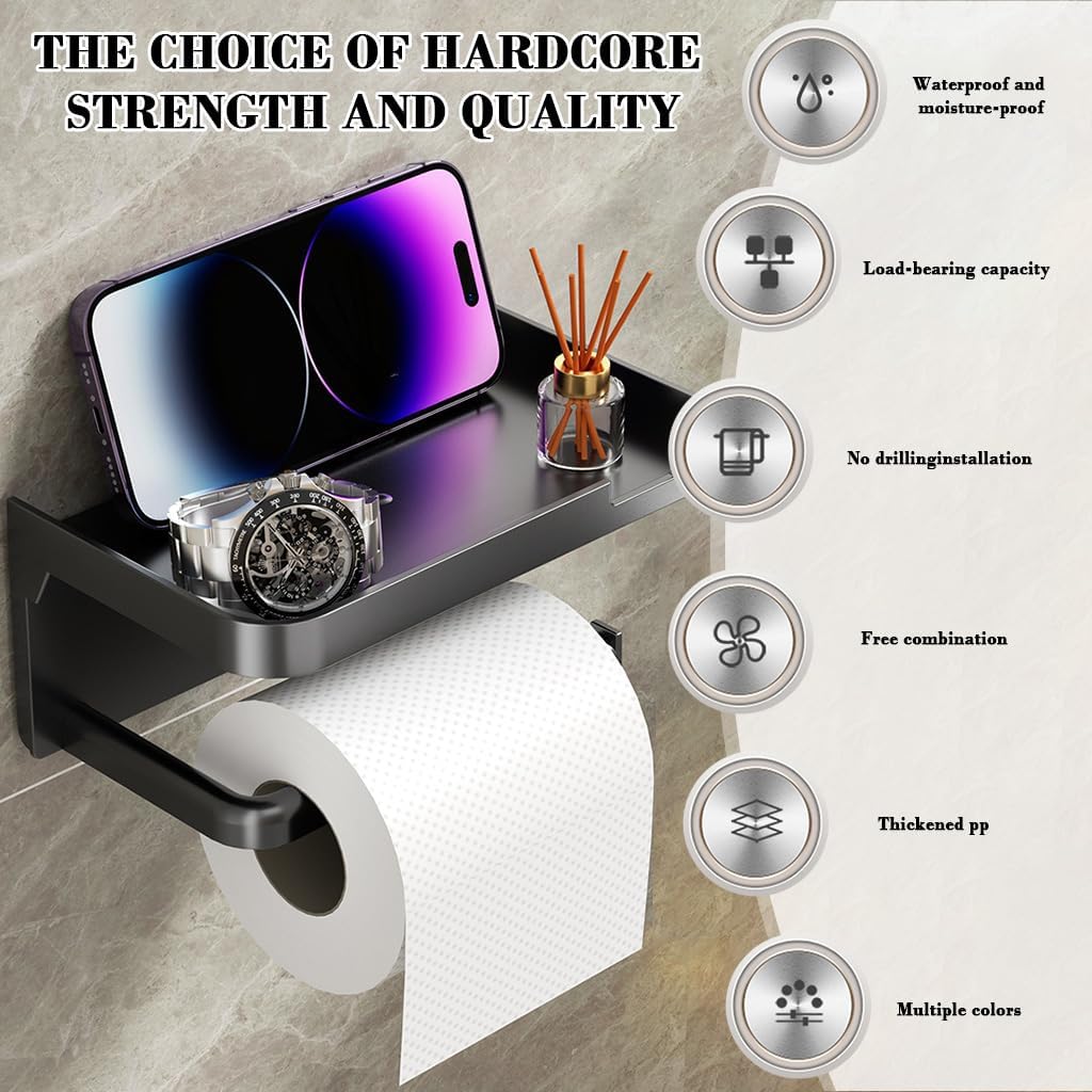 LTV Toilet Paper Roll Holder with Mobile Stand - Plastic Self Adhesive Tissue Holder for Bathroom Toilet Papers Stand Bathroom Accessories(Black, Square, 18x10x8cm) — Amazon image 4