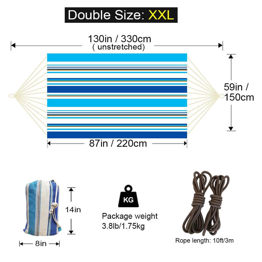 GOCAN Double Hammock 2 Person Extra Large 330X150cm Load Capacity 600Pound Canvas Cotton Hammock for Patio Porch Garden Backyard Lounging Outdoor and Indoor XXL - Image 4