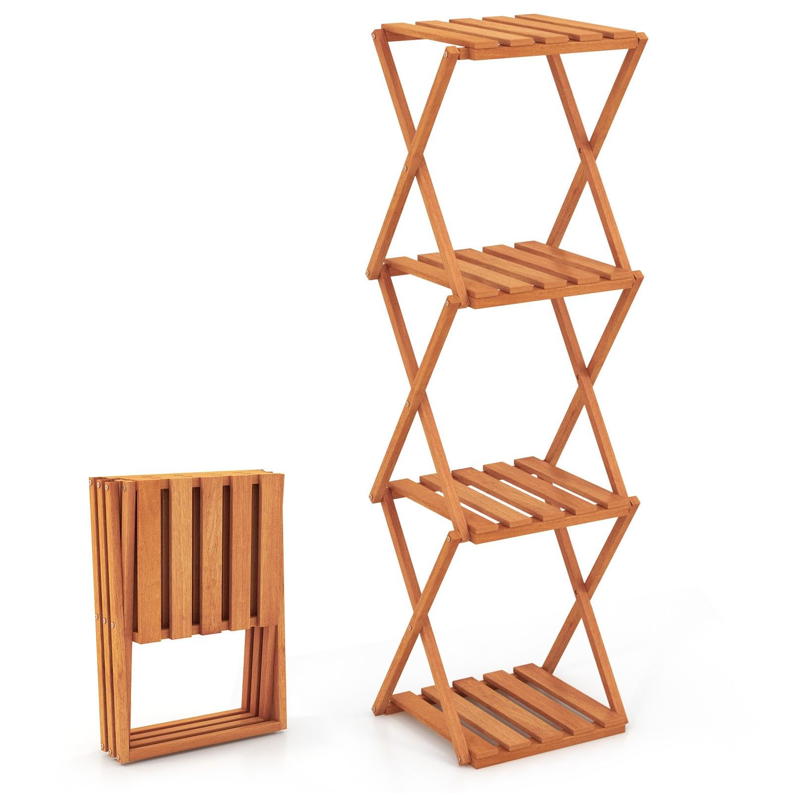 TANGZON 4 Tier Foldable Plant Stand, Folding Tall Plant Shelf Holder with Slatted Shelves, Indoor Outdoor Corner Flower Pot Display Rack Shelving Unit for Garden Patio Living Room Balcony