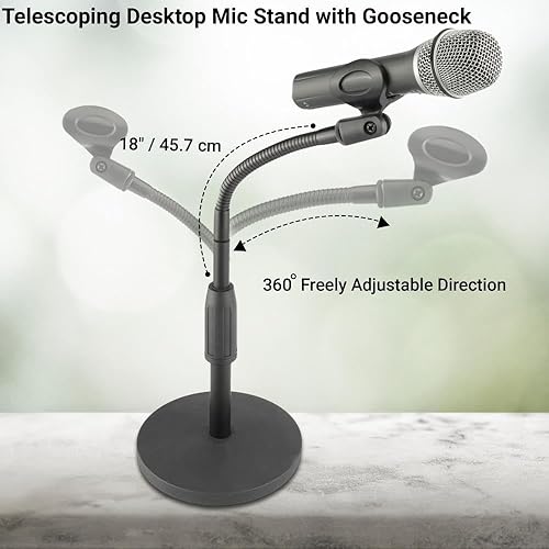 Miniatura 2 de Soporte telescópico de micrófono de cuello de cisne de escritorio, ajustable de 12 a 18  de altura con brazo flexible de 6 pulgadas, base pesada de