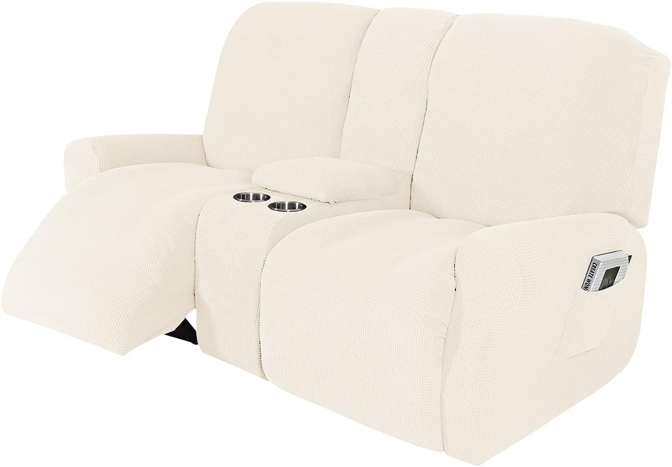 NILUOHReclining Loveseat with Console Slipcover, 8-Piece Stretch Jacquard Recliner Cover 2 seat Loveseat Recliner Sofa Cover Non Slip Recliner Couch Cover with Storage Pocket (Beige)