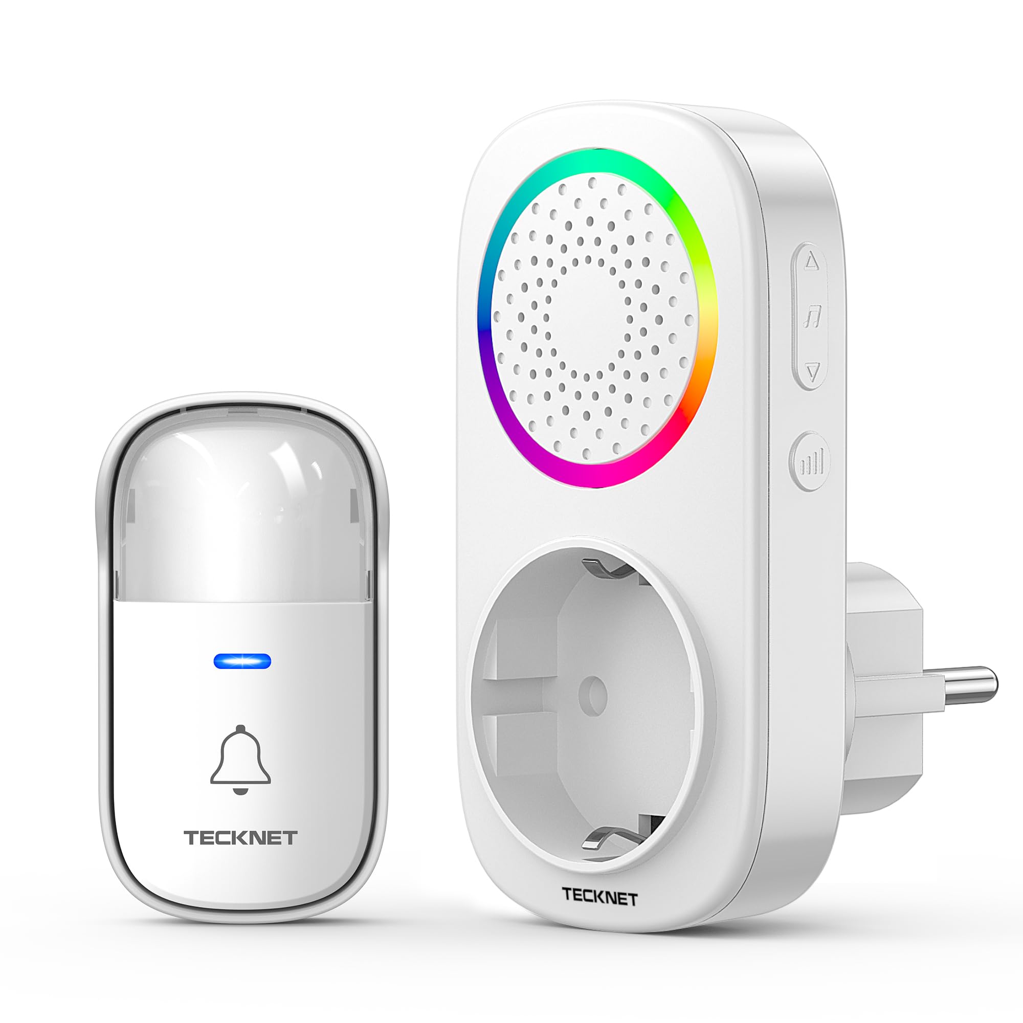 TECKNET Timbre Inalámbrico, 300M RGB Timbre Inalámbrico Autoalimentado, IP65 Timbre Electrónico Impermeable con 60 Melodías, 5 Niveles de Volumen y Flash LED para Hogar Oficina Hotel