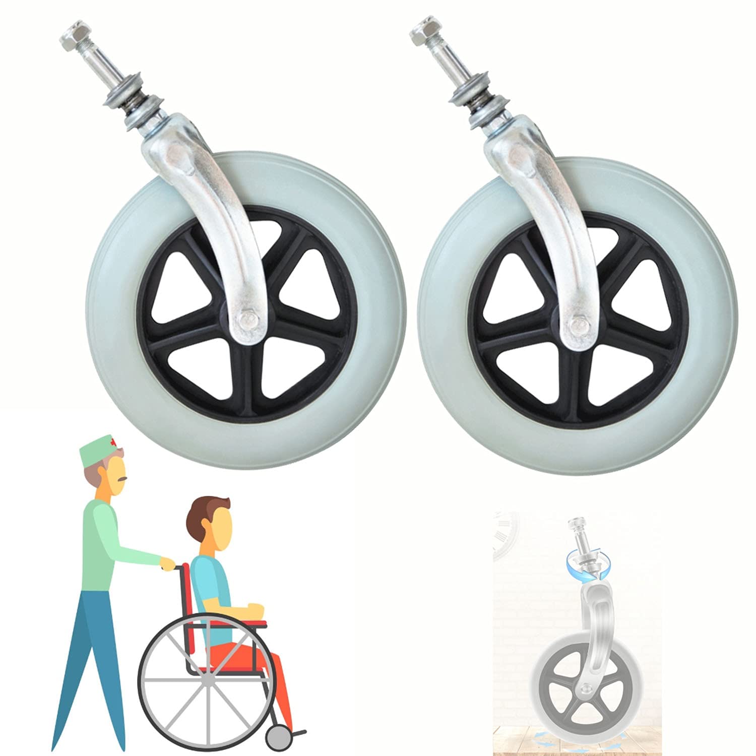 LekLai Rueda de repuesto para silla de ruedas, rueda sólida para sillas de ruedas, equipo de repuesto duradero, con horquilla delantera con rodamientos y tornillos, para carros/andadores (dos