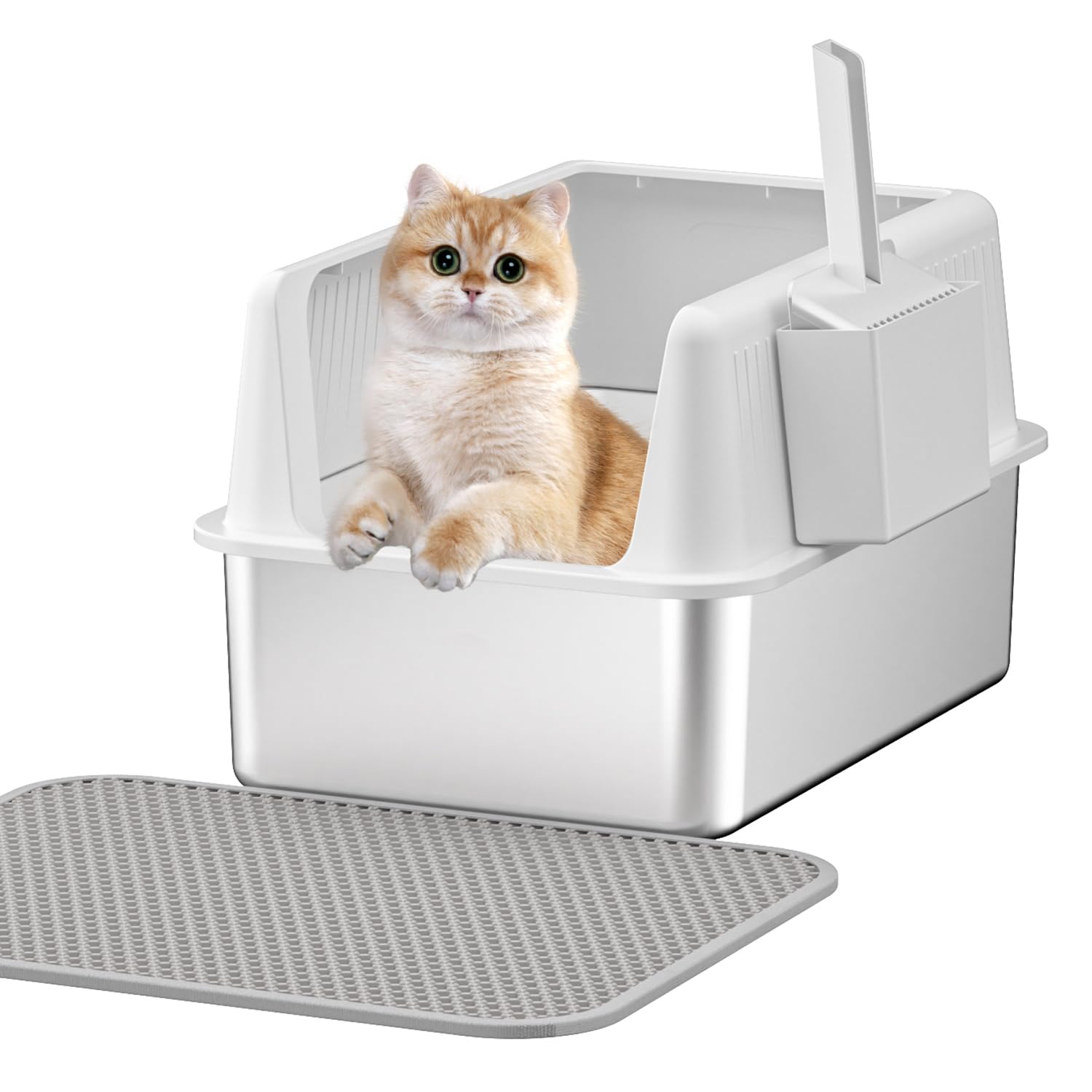 Stainless Steel Cat Litter Box with Lid,XL,19.7”L x 13.8”W x 11.8”H Deep,Metal Litter Box with High Side,for Small and Large Cats,with a Scoop and