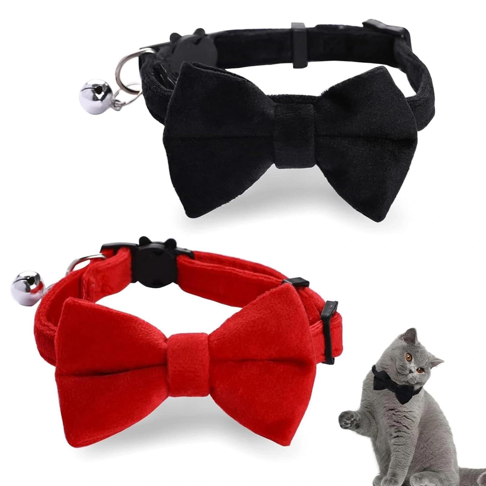 2 Pack Velvet Bowtie Cat Collars with Bell, Adjustable Breakaway Safety Collars for Cats Kittens Small Puppies, Red & Black Pet Collars for Daily Wear Weddings