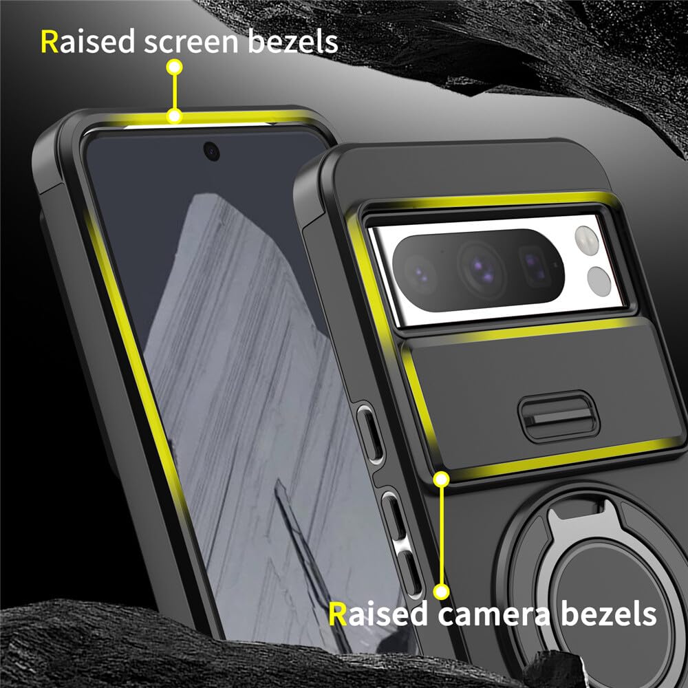 Generic Funda compatible con Google Pixel 10 Pro XL (color: amarillo) funda de metal con soporte deslizante para cámara trasera dura de silicona dura