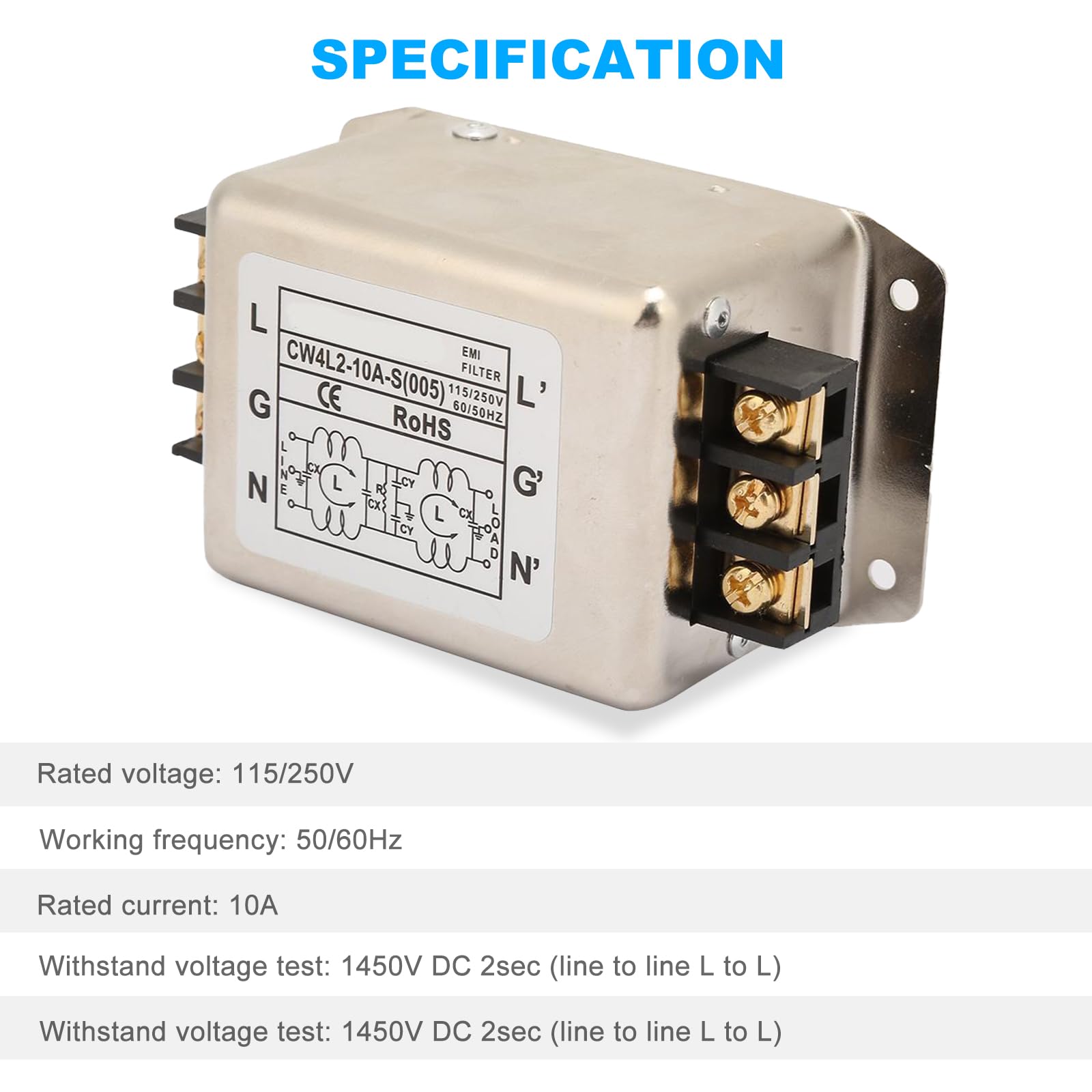 Filtro Linea di Alimentazione CW4L2-10A-T, Filtro Emi di Alimentazione Monofase 15V/250V 150/60 Hz Adatto Per Apparecchiature Meccaniche, Tapis Roulant E Apparecchiature Mediche