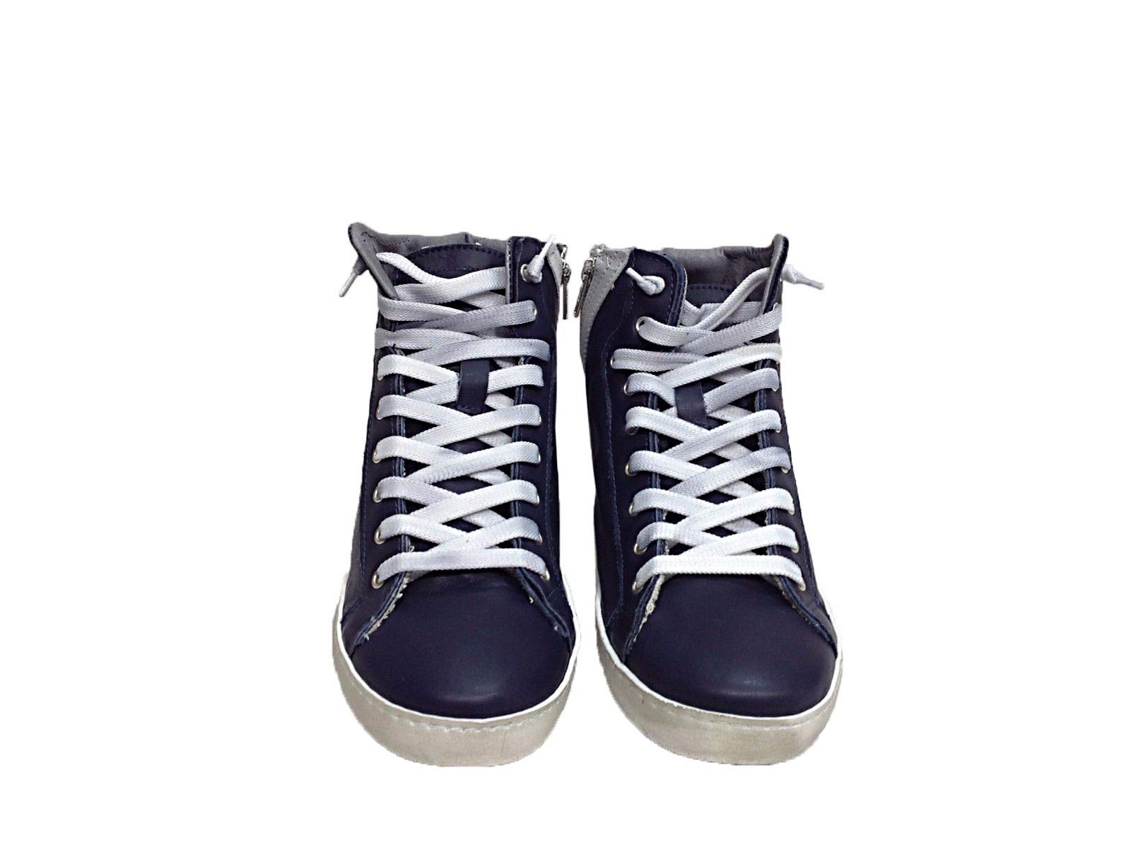 VIA CONDOTTI Scarpe Sneakers Alte Uomo Pelle Blu Ghiaccio Made in Italy Bicolor