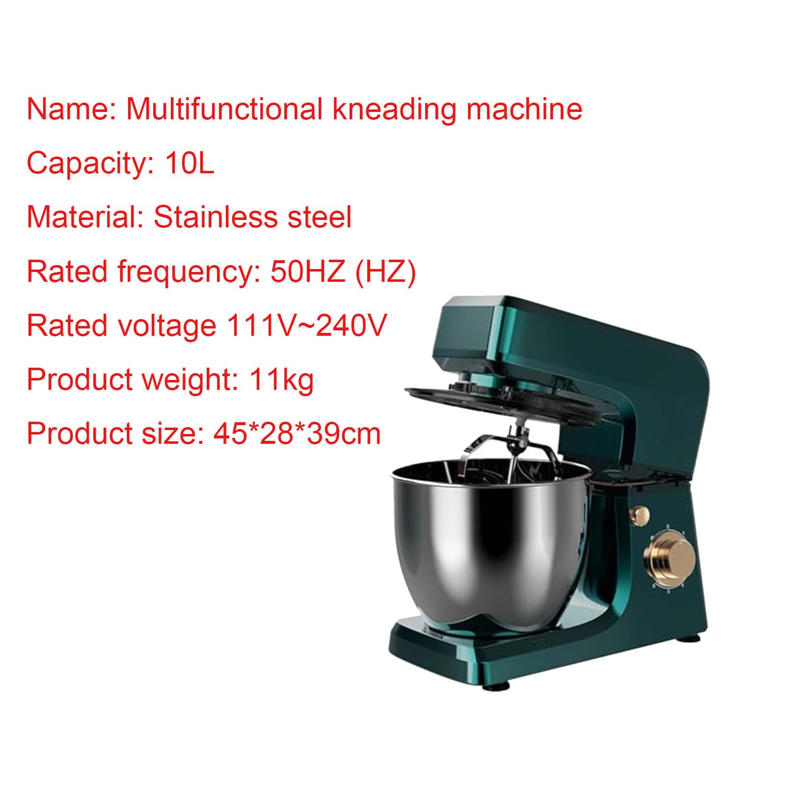 miksery do pieczenia Mieszarka do ciasta Mikser stojący 1800W z misą 10L, mikser kuchenny do wyrabiania ciasta i ubijania (Green)