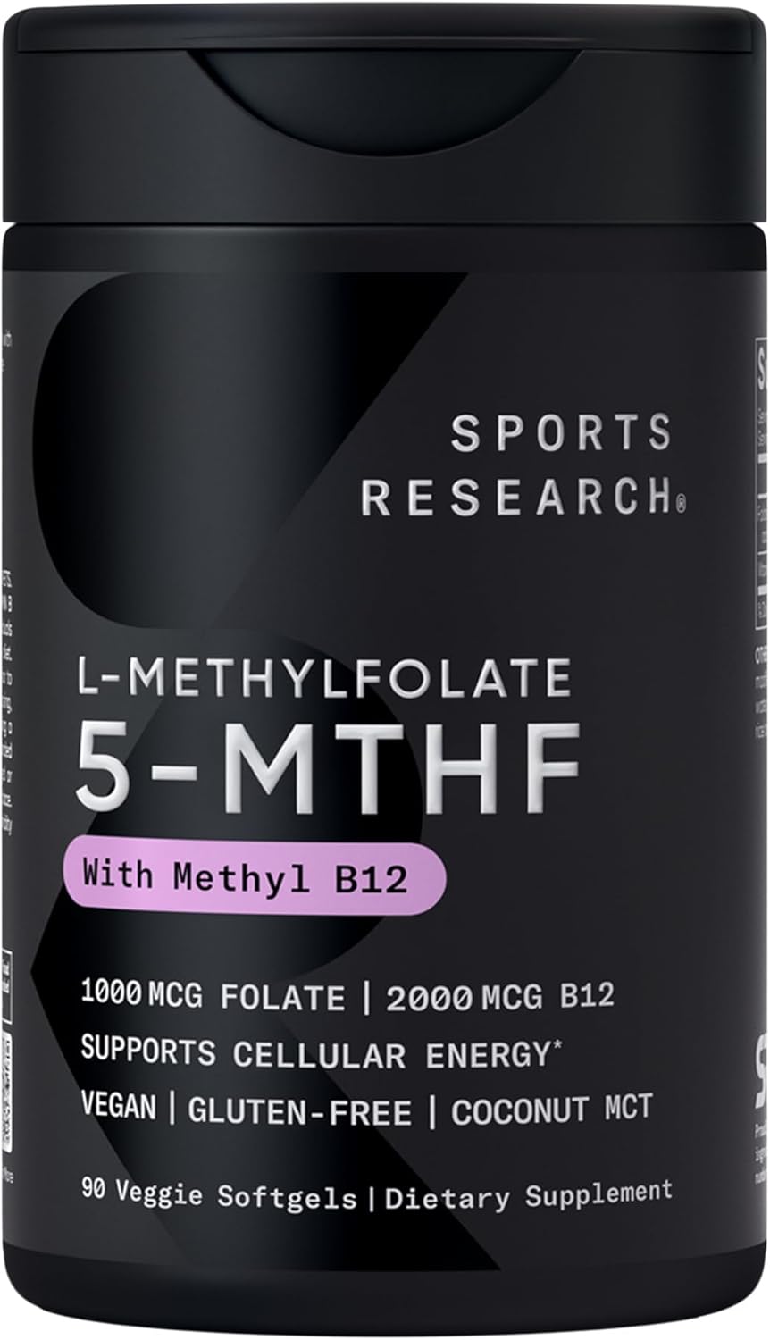 Sports Research® Methyl Folate + B12-1000 mcg L-Methylfolate & 2000 mcg Methylcobalamin for Cellular Energy Support - Vegan B12 w/Coconut MCT Oil - Non-GMO, Gluten Free - 90 Veggie Softgels
