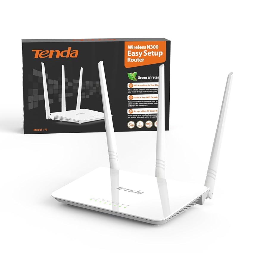 Tenda F3 N300 Router WiFi, Speed with 2.4GHz/300 Mbps, 3 LAN/WAN Porte, Antenne esterne 3 * 5dBi, Parental Control/Rete Ospiti/WISP Access Point Mode/Configurazione Semplice