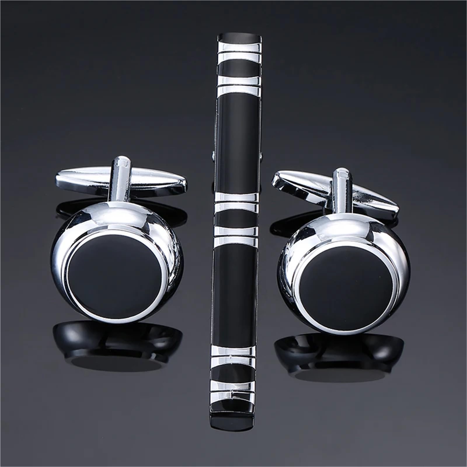 Juego de Gemelos de Camisa for Hombre con Clip de Corbata de Traje y diseño de Rayas de Esmalte Negro Redondo de Material de Cobre para Camisas