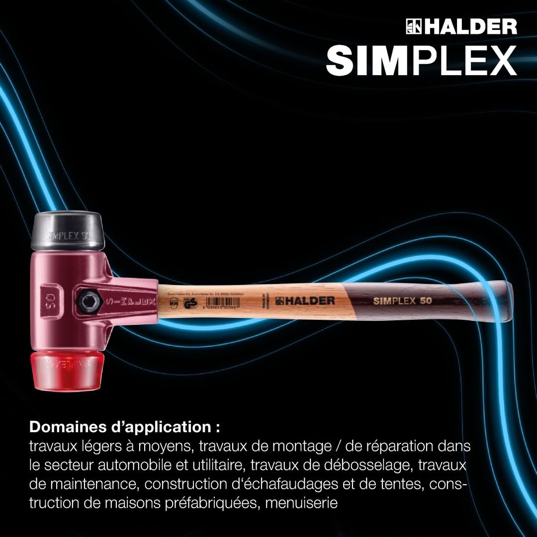 Maillet SIMPLEX, Caoutchouc chargé/plastique; avec boîtier en fonte malléable et manche en bois | D=40 mm | 3026.040