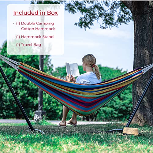 Backyard Expressions Double Camping Hammock with Steel Stand & Carrying Bag, Adjustable Height, Ultra Soft Cotton Blend, 550 lb Capacity, Indoor & Outdoor Portable Hammock - Thumbnail 2