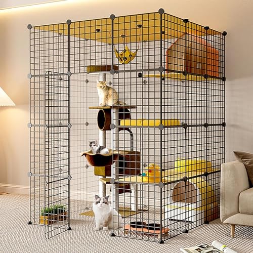 大きな猫のケージ、猫の屋内、diy猫の囲い屋内、取り外し可能な金属ワイヤーの犬小屋、diy猫のフェンス、超大きなスペース、猫のドアは無料の入り口と出口のための猫のドアを備えています(111*111*146cm/44*44*57 ") FANDIAO