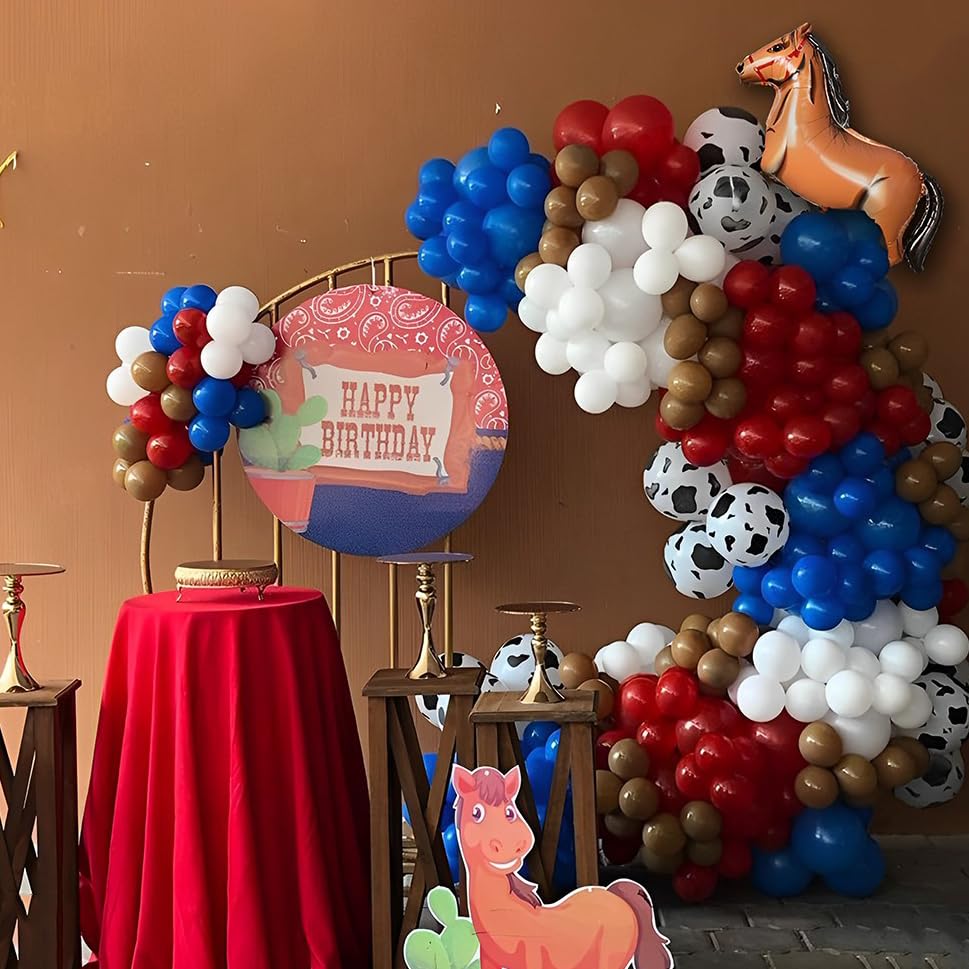 Image of Horse Racing Balloon Arch Garland Kit, Western Cowboy Party Decorations, 131PCS Red Blue Brown Cow Print Balloons for Derby Day Festival First Rodeo Farm Cow Wild Party Birthday Supplies