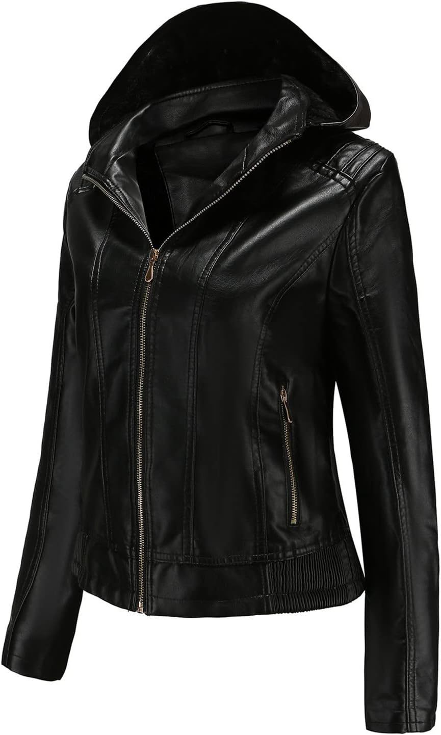 Women Retro Faux Leather Motorcycle Jacket Front Zipper Long Sleeve Lapel Collar Autumn Winter Coat main image 1