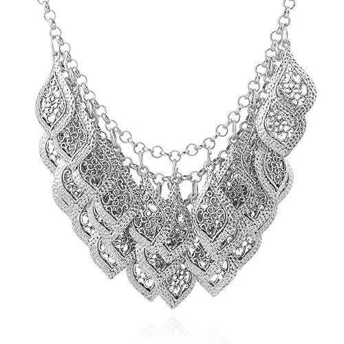 Image of YAZILIND Vintage Gorgeous Multilayer Gold-Silver-Plated Leaves Chain Collar Bib Chunky Necklace (Silver)