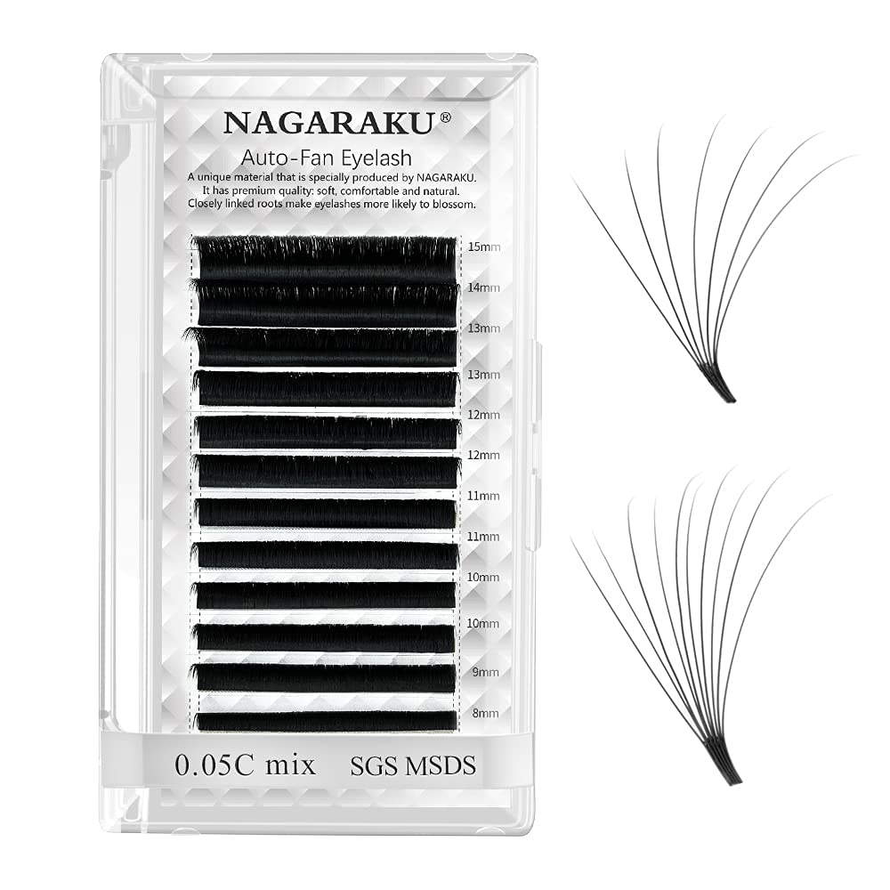 NAGARAKU Easy Fan Eyelash Extensions Volume Lash Rapid Blooming Cluster For Beginners Soft Professional Lash Supplies (Mix 8-15mm, 0.03 D)