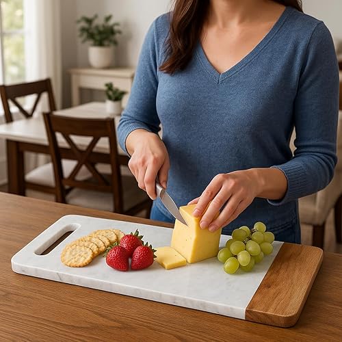 Miniatura 2 de Creative Home - Tabla de repostería de mármol blanco con madera de mango, plato de queso, 18 x 9 pulgadas