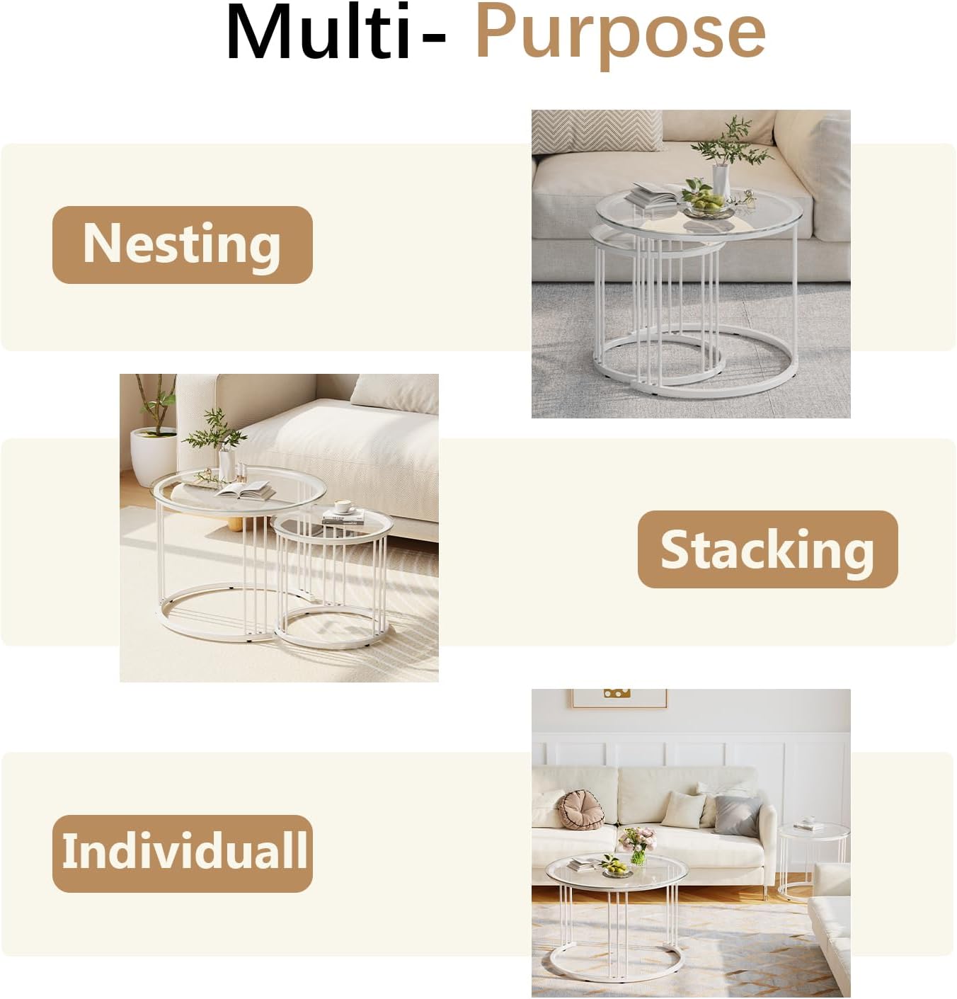 Garden 4 you Nesting Coffee Table, 23.6" Round Coffee Table Set of 2, Glass Nesting Table with Metal Frame, Ceter Tables for Living Room Bedroom Balcony, White