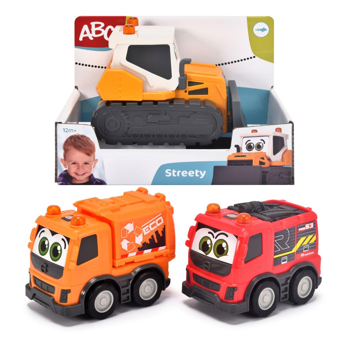 Dickie Toys ABC Streety 204112007 Push Car for Babies and Toddlers from 1 Year Old, Bulldozer, Fire Brigade or Rubbish Collection, 15 cm Toy Car, Orange