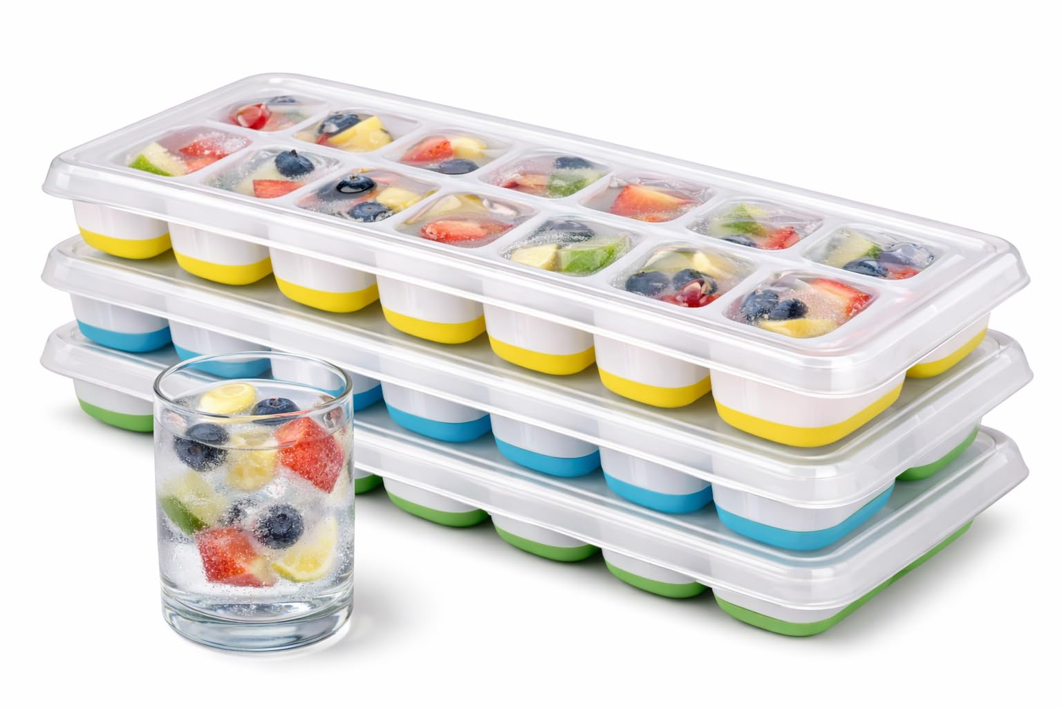 Ice Cube Trays Set of 3 with Lids – Easy Release Silicone Ice Cube Moulds, Stackable & No-Spill Design – BPA-Free, Flexible, Dishwasher Safe for Whiskey, Cocktails, Baby Food – Blue/Yellow/Green