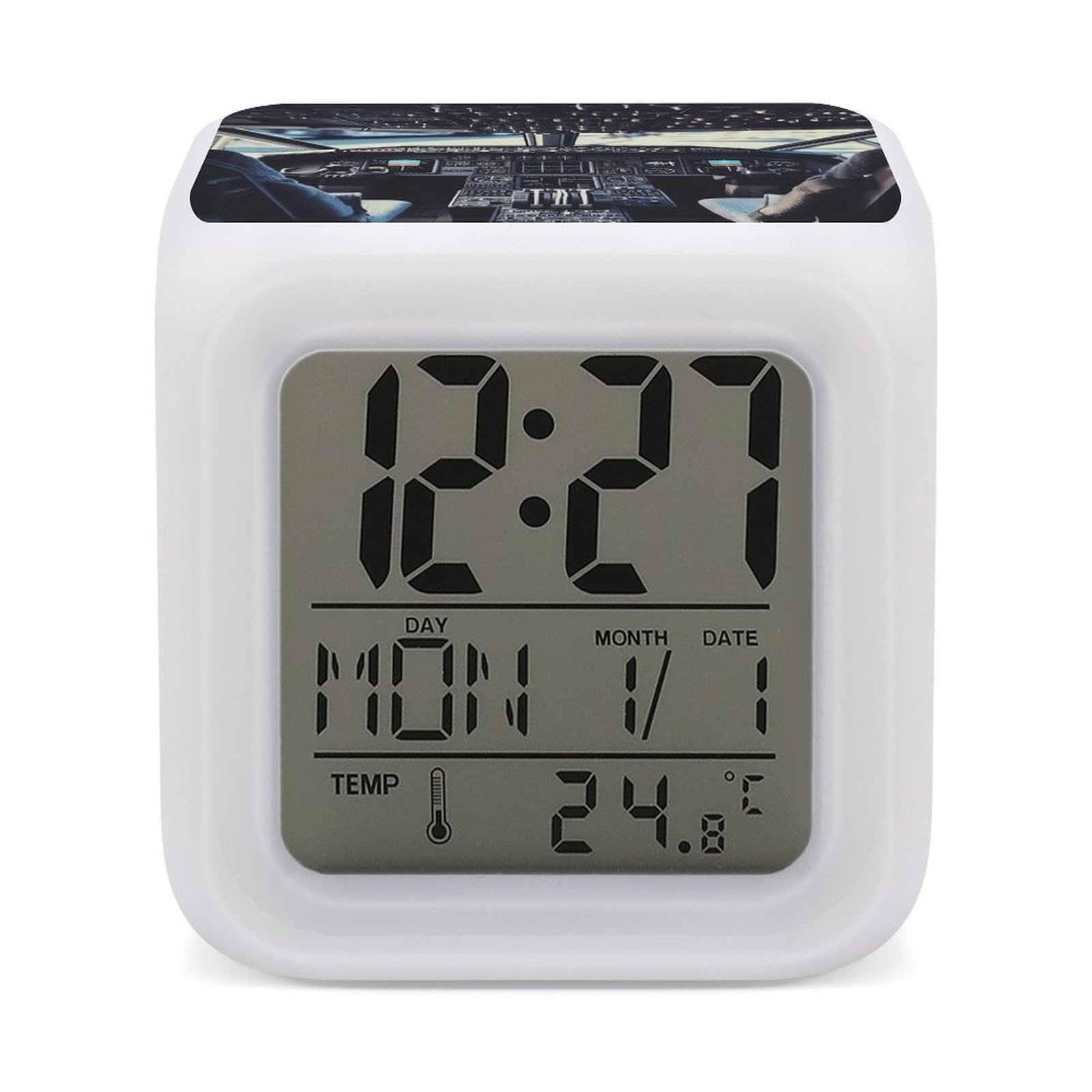 VstaDank Airplane Cockpit Alarm Clock with 7 Color Changing Night Light Date Temp Display Wake Clocks LED Display Digital Clock Electric Desk Clocks for Living Office Bedroom Decor