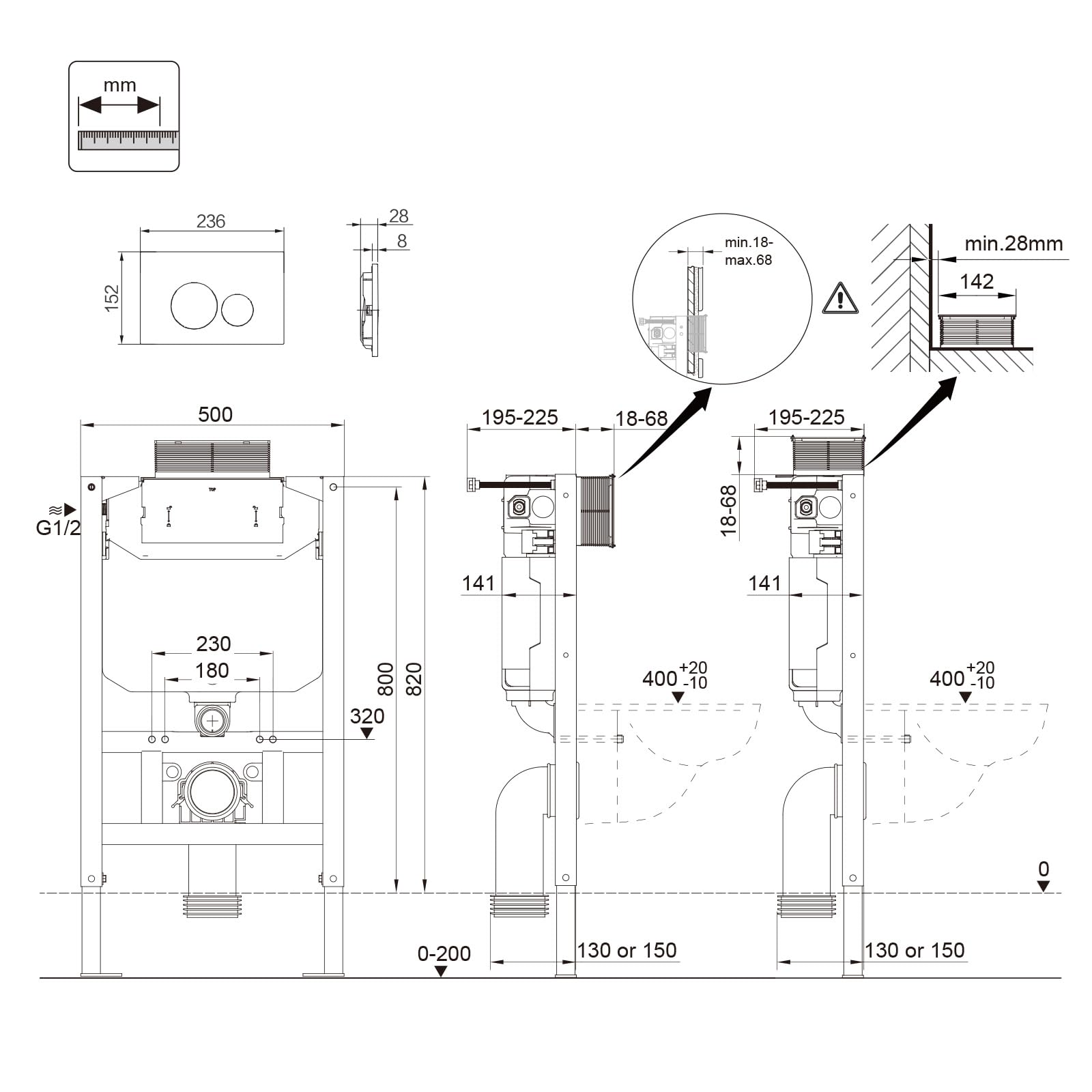 HOROW WC doccia con cassetta di risciacquo a incasso, set completo WC con elemento a parete anteriore con placca di comando, WC sospeso senza bordo con ugello integrato, WC doccia con rivestimento