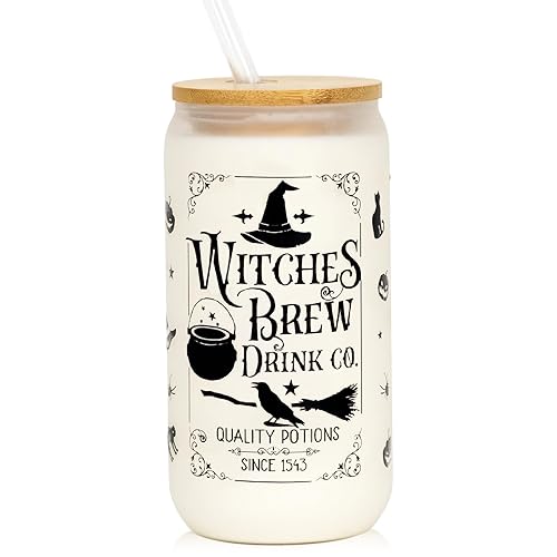 Joyseller Halloween Glass Cup, 18oz Frosted Witch Iced Coffee Can Cup Tumbler with Lid and Straw, Witch Tumbler Beer Can Glass, Halloween Gifts Decorations - Witch