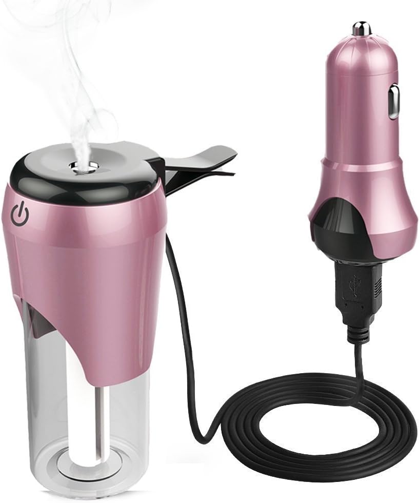 TopYart Car Diffuser Mini Car Diffuser Essential Oils Vent Clip Cool Mist with Fresh Purification Function, 50ML Ultra Compact Travel Size, with Dual USB charger for Car,Home, Office (Pink)