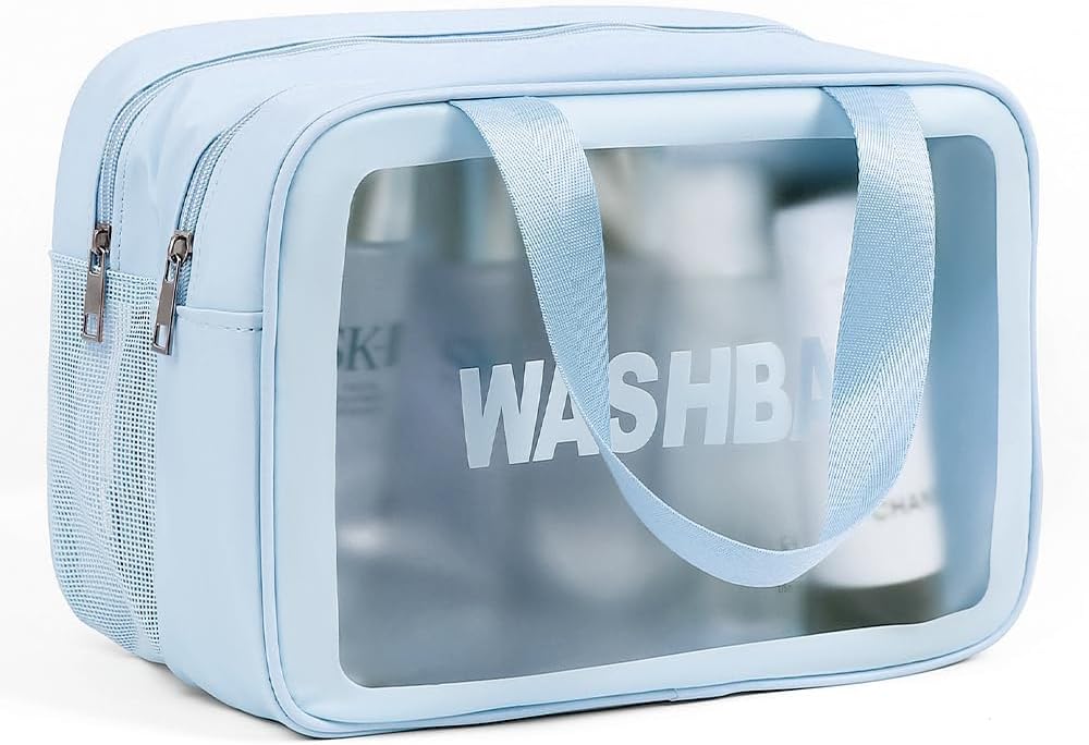Travel Toiletry Bag, 2 in 1 Large Clear Makeup Bags,Cosmetics Bag,Transparent Skin Care Bag for Toiletries,Waterproof & Draining,PVC Toiletry Organizer Thickened Wash Bag for Women Men