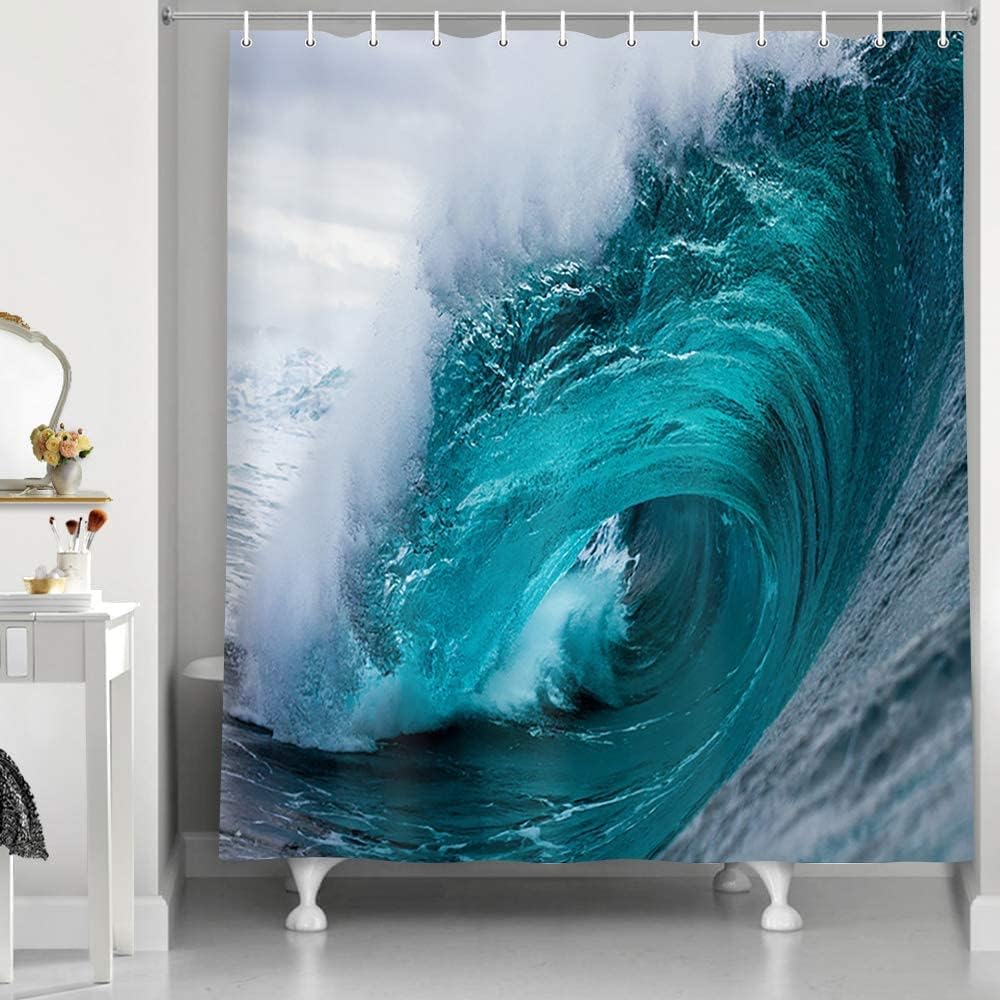 NYMB Aqua Ocean Seawater Shower Curtain, Polyester Fabric Nautical Summer Tropical Surfing Wave on a Blue White Windy Sea Bathroom Decorations, Dark Teal Bath Curtains Hooks Included, 69X75in