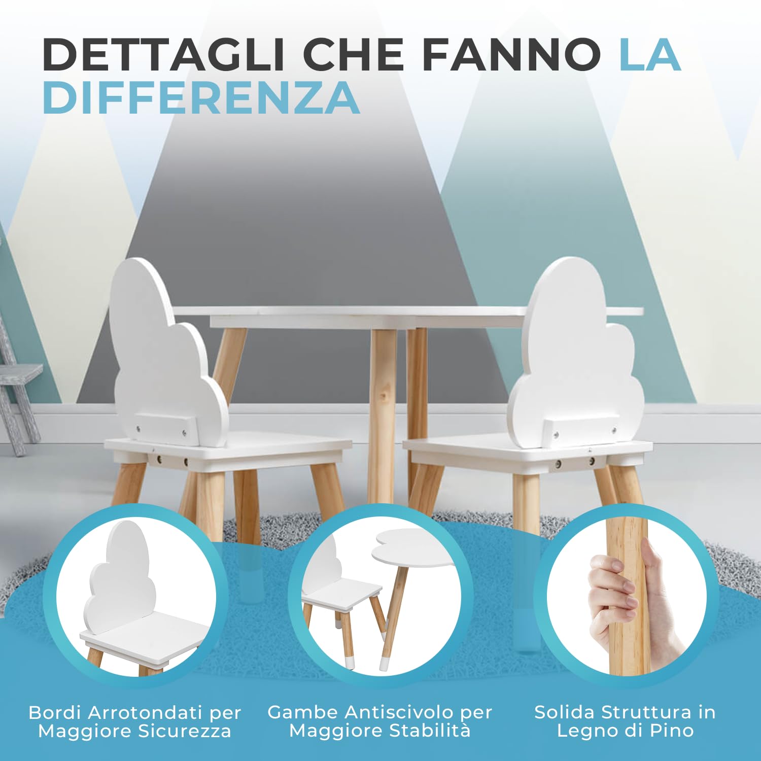 Rebecca Mobili Set Tavolino E Sedie Per Bambini, Sedie e Tavolo Arredo Cameretta Stanza Dei Giochi Bianco Marrone Chiaro, Mdf, Stile Nordico - Misure: 44 x 60 x 60 cm / 50 x 25 x 25 cm - Art. RE6733